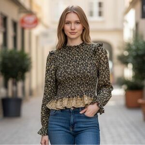 American Eagle Outfitters Black and Gold Floral Blouse